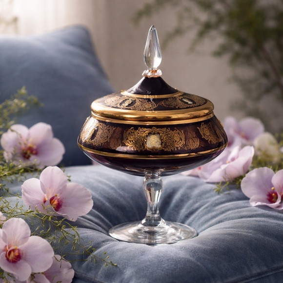 Bohemian Italian Gilded Gold Purple Glass Compote